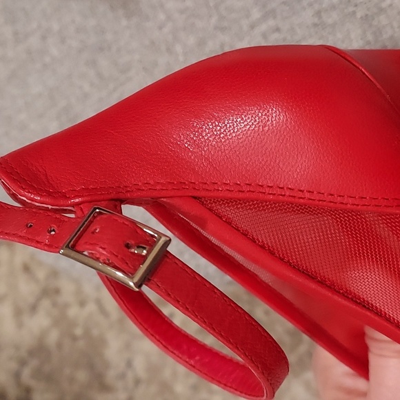 BCBGENERATION red ankle strap with mesh fabric on the side open toed high heel. - Picture 3 of 4